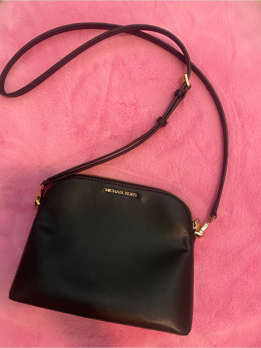 Michael Kors Black Leather Dome Crossbody with Gold Hardware